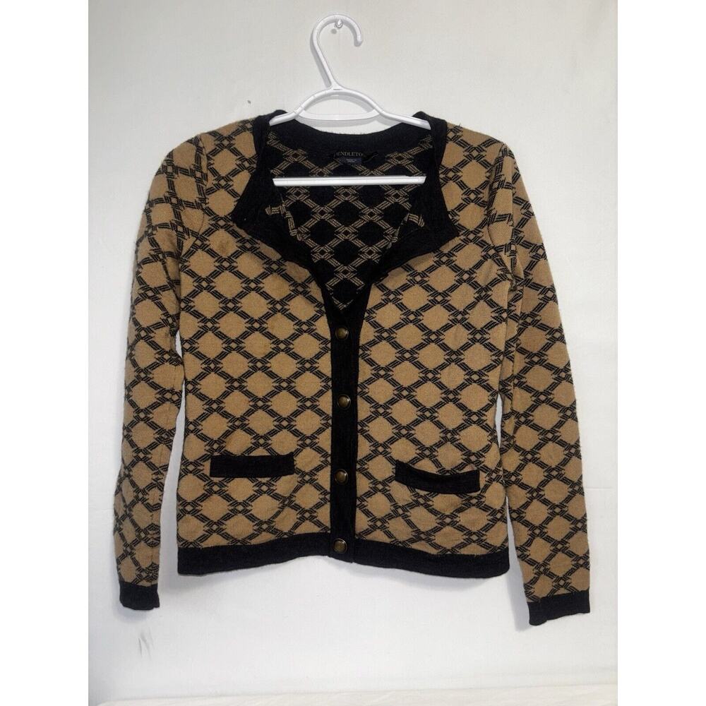 Pendleton Geometric Cardigan Sweater Womens M Merino Wool Brown Black Bu…